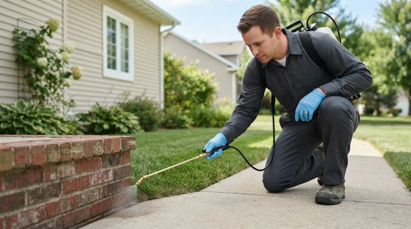 Pest control technician treating a home near Sand Lake, NY